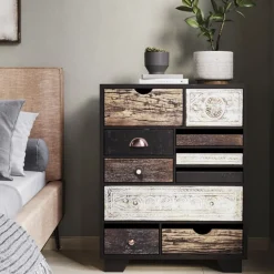 Byrå Finca - Rustik Patina i Ljust och Mörkt Trä, 10 lådor - KARE Design