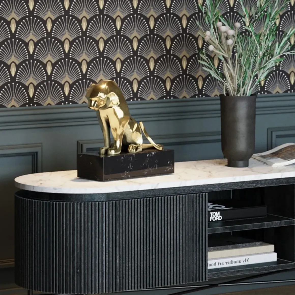 Dekor Skulptur Lion - Guld/Svart marmor, 34cm - KARE Design