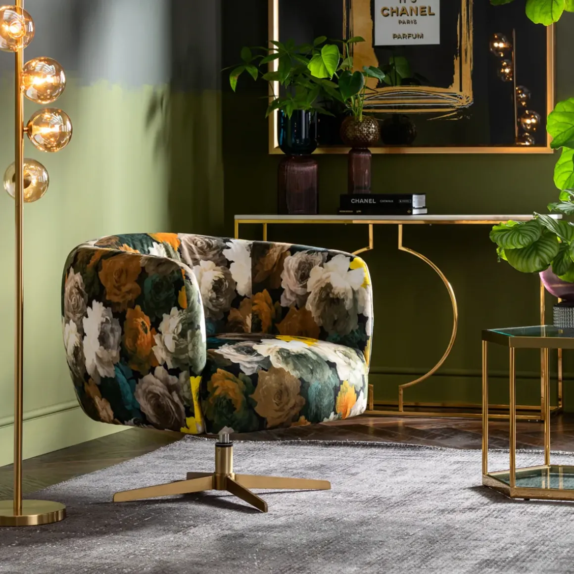 Snurrfåtölj Peony - Blommig Gulbrun/Beige - KARE Design