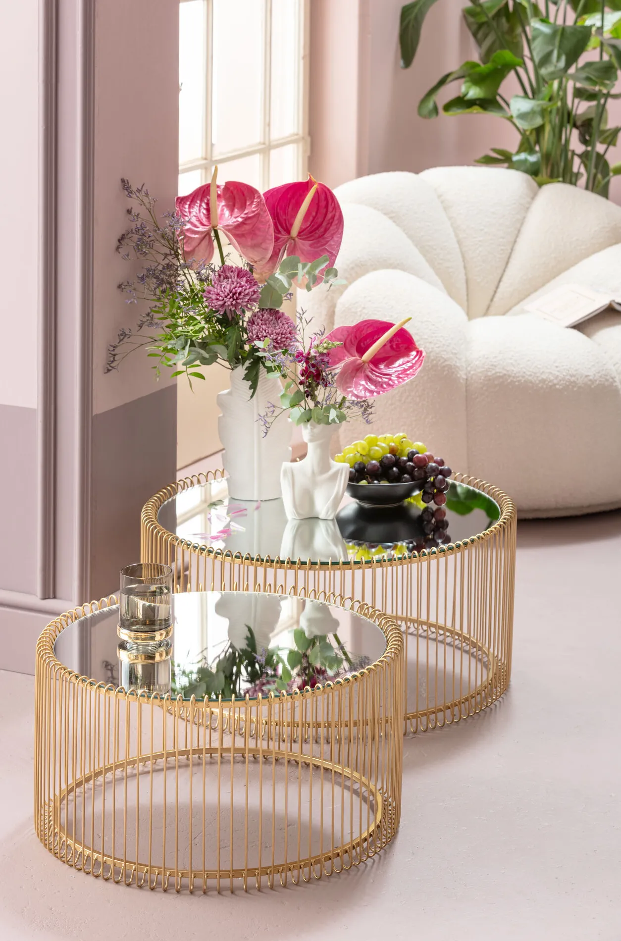 Soffbord Wire Rund - Set med 2 Bord Mässing/Spegelglas, Ø69/60cm - KARE Design